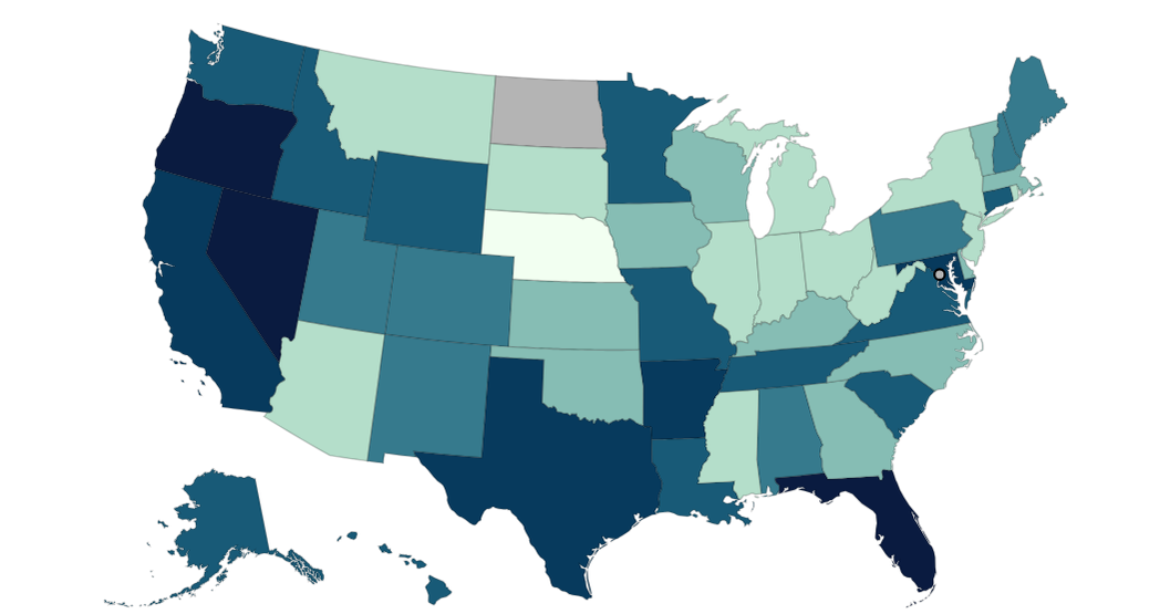 Map shows states where COVID levels are