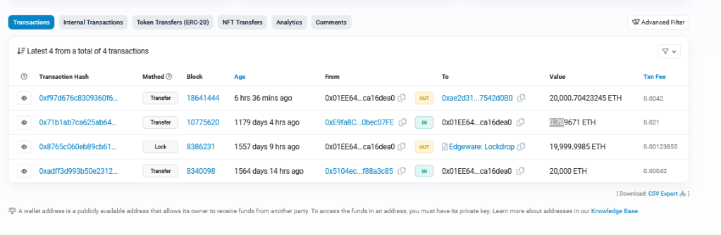 ICO-Era Ethereum Whale Awakens After 3 Years, Transfers ETH To Kraken 1 ETH whale transfers coins | Source: Etherscan