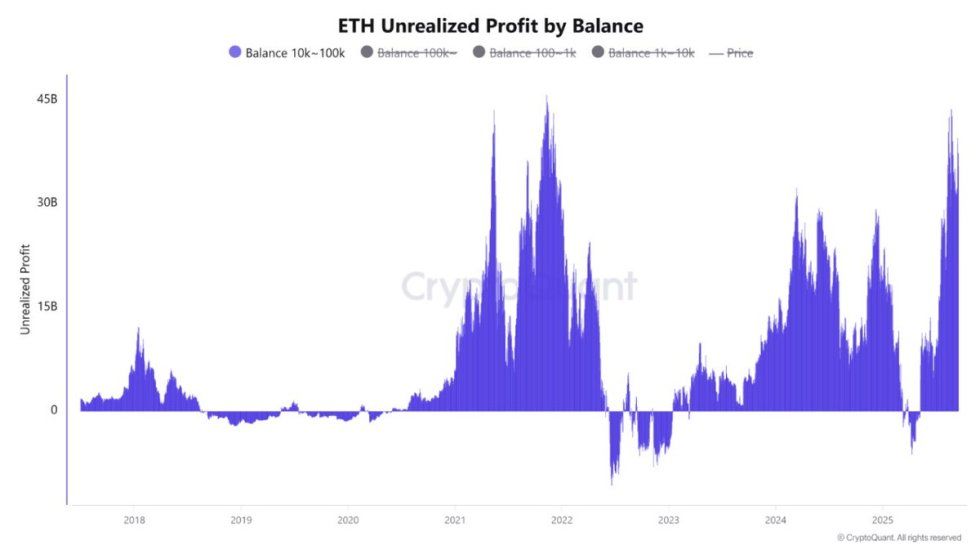 Ethereum Mid-Sized Whales See Peak Unrealized Gains: Profit-Taking Risk Rises | Bitcoinist.com 2 Ethereum Unrealized Profit by Balance | Source: CryptoQuant