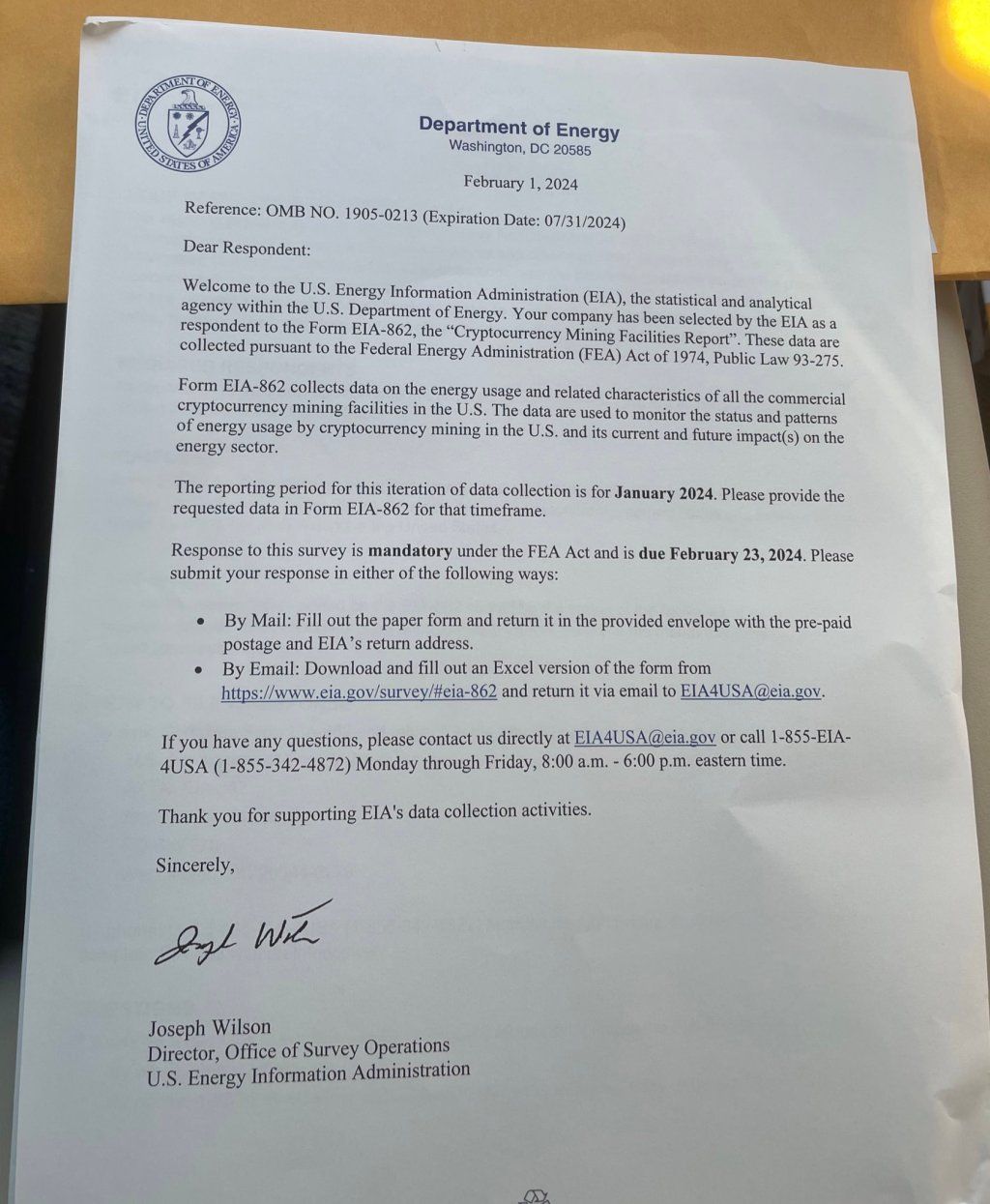 Bitcoin Miners Face Pressure from US EIA, CEO To Fight Back 1 Letter from EIA | Source: Dennis Porter via X