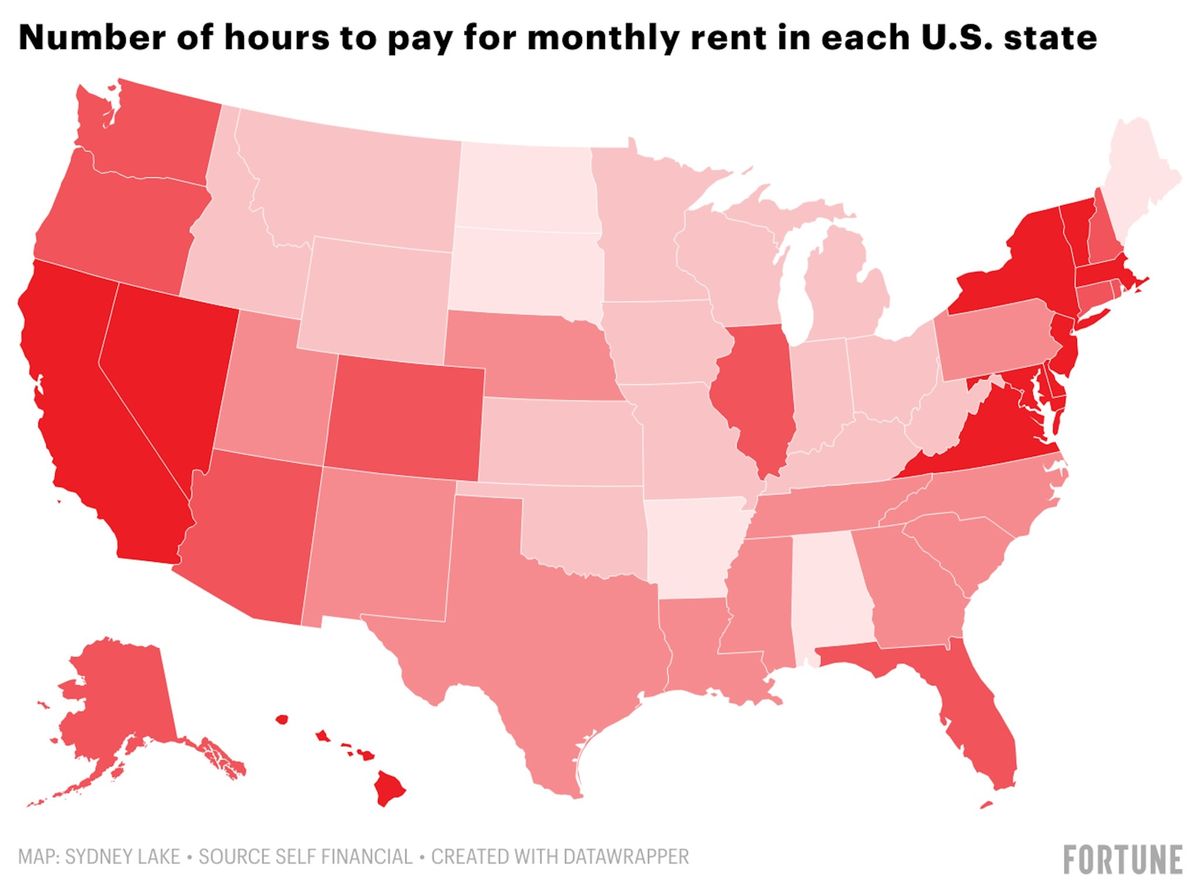 Americans spend an entire week's worth of pay on rent every month—and in some cities, a full two weeks of income is just going to housing 1 649867c1 5otxr number of hours to pay for monthly rent in each u s state