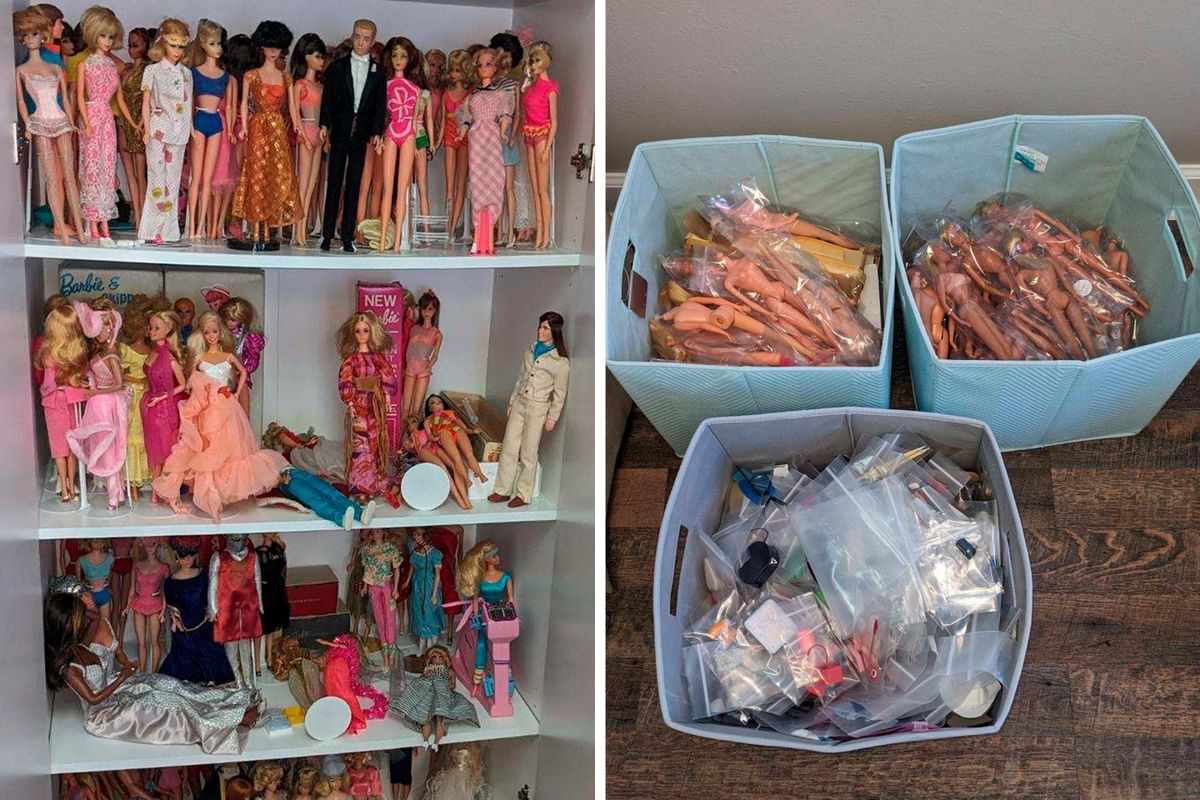 Meet the 59-year-old Barbie ‘dealer’ whose hustle has netted $2 million in sales 1 Diptych showing a Barbie collection Bruce Zalkin recently bought on shelves and Barbie bodies in plastic bags in bins.