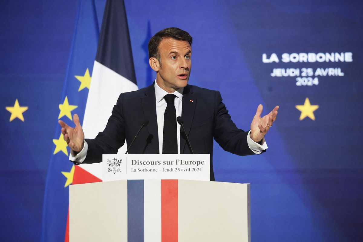 French President Macron said Europe will 'not be a geopolitical priority' for the U.S. and urges the continent to develop its own defense strategy 1 9014ef52 GettyImages 2149519953 e1714120838936