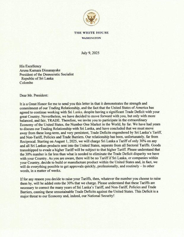 Trump issues letters to seven more nations; Sri Lanka hit with 30% US tariffs 1 5f69eb01 Whats App Image 2025 07 09 at 22 38 10 13fd9af4