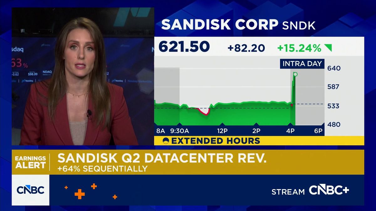 Sandisk stock soars 14% after blowout earnings report showing overwhelming AI demand 1 Sandisk stock pops more than 15% on better-than-expected quarterly results
