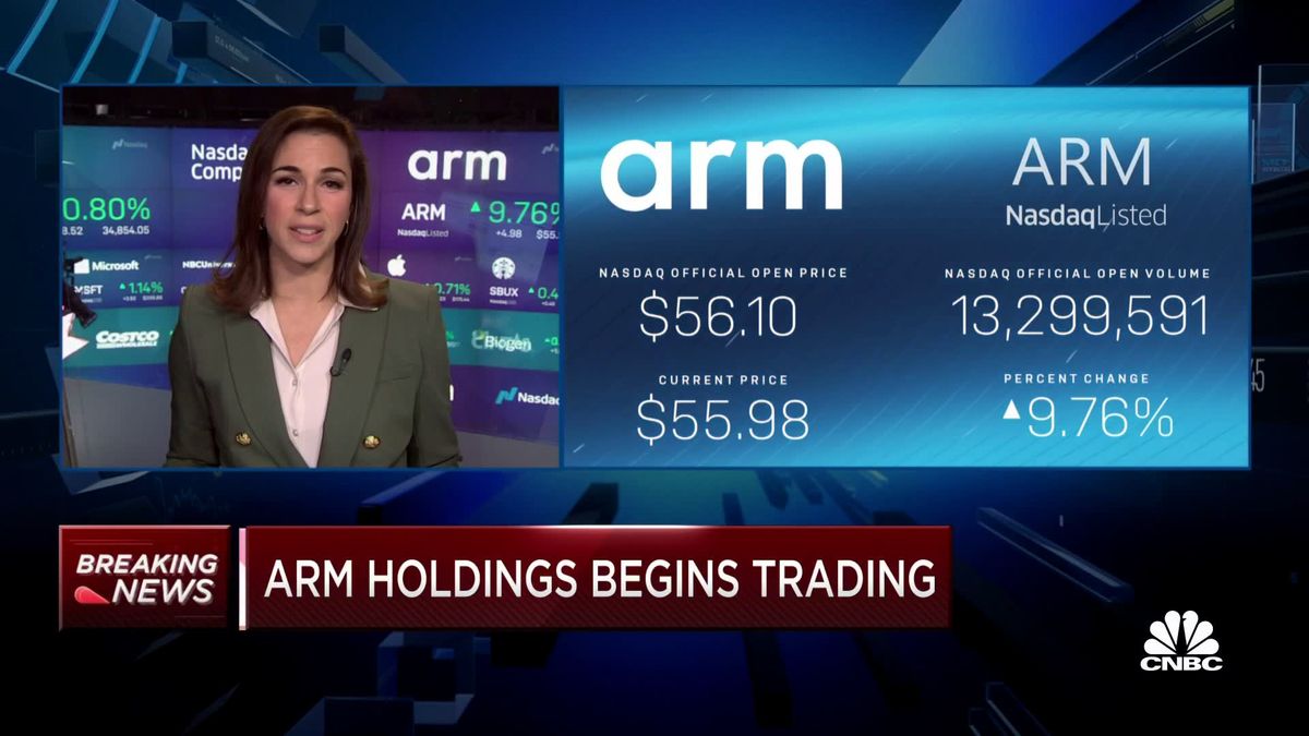 Arm climbs 19% in Nasdaq debut after pricing IPO at $51 a share 1 Arm opens at $56.10 per share in market debut