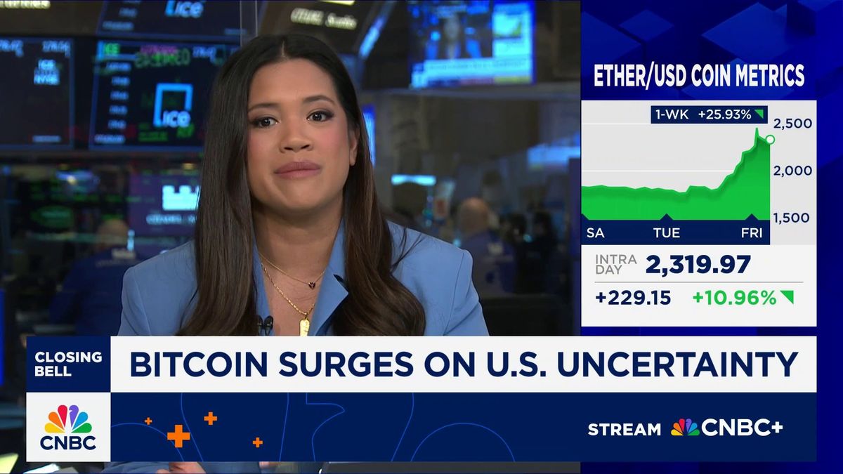 Bitcoin holds above $100,000 while ether rockets to its best week since 2021 1 Bitcoin surges on U.S. uncertainty
