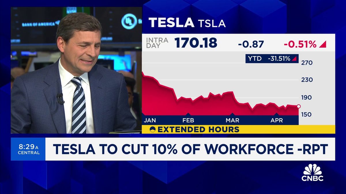 Tesla shares fall to lowest in almost a year after job cuts heighten concerns about waning demand 1 Tesla falls after company says more than 10% of workforce will be laid off