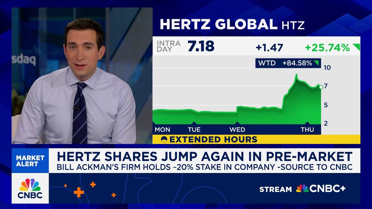 Hertz shares surge more than 50% after Bill Ackman takes big stake in rental car firm 1 Hertz shares jump again in pre-market after Bill Ackman takes big stake in the rental car firm