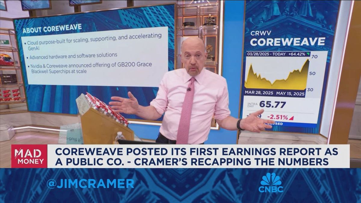 CoreWeave pops almost 60% this week on AI growth momentum, big Nvidia stake 1 I was concerned about CoreWeave stock being too hot heading into the quarter, says Jim Cramer