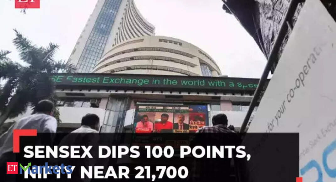 Sensex dips 100 points, Nifty near 21,700; Zomato jumps 3%, Eicher drops 2%