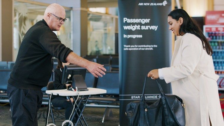 An airline is asking passengers to weigh in before their flights 2 New Zealand's national airline is asking people to step on the scales before they board international flights. Air New Zealand says it wants to weigh 10,000 passengers as part of a monthlong survey to better estimate the weight and balance of its planes.