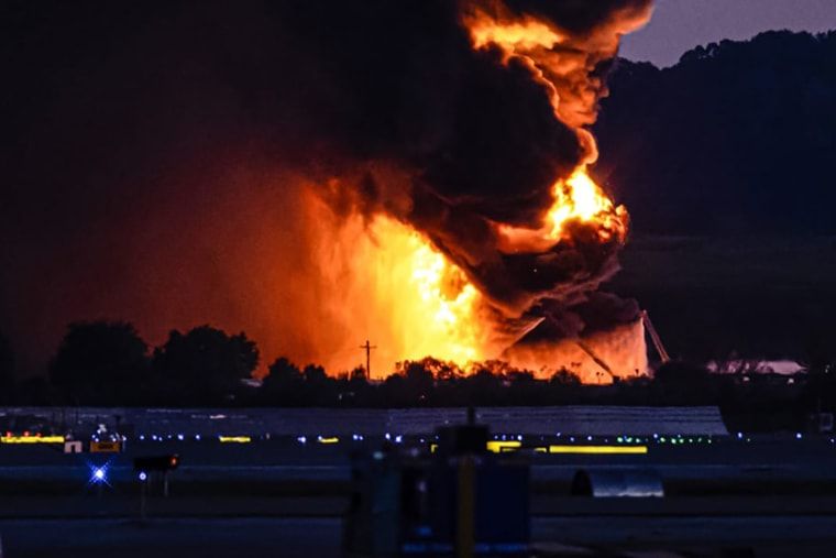13 dead in UPS crash and 9 remain missing as officials examine black box data 2 A fireball erupts near airport property after reports of a plane crash at Louisville International Airport on Nov. 4, 2025, in Louisville, Ky.