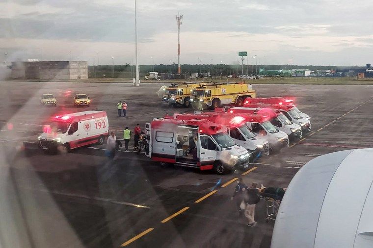Passenger thrown into overhead bin and dozens injured as turbulence hits flight off Brazilian coast 1 Ambulances next to an Air Europa Boeing 787-9 Dreamliner after it made an emergency landing in Natal, in northern Brazil, on July 1, 2024, after hitting strong turbulence on its way from Madrid to Montevideo.
