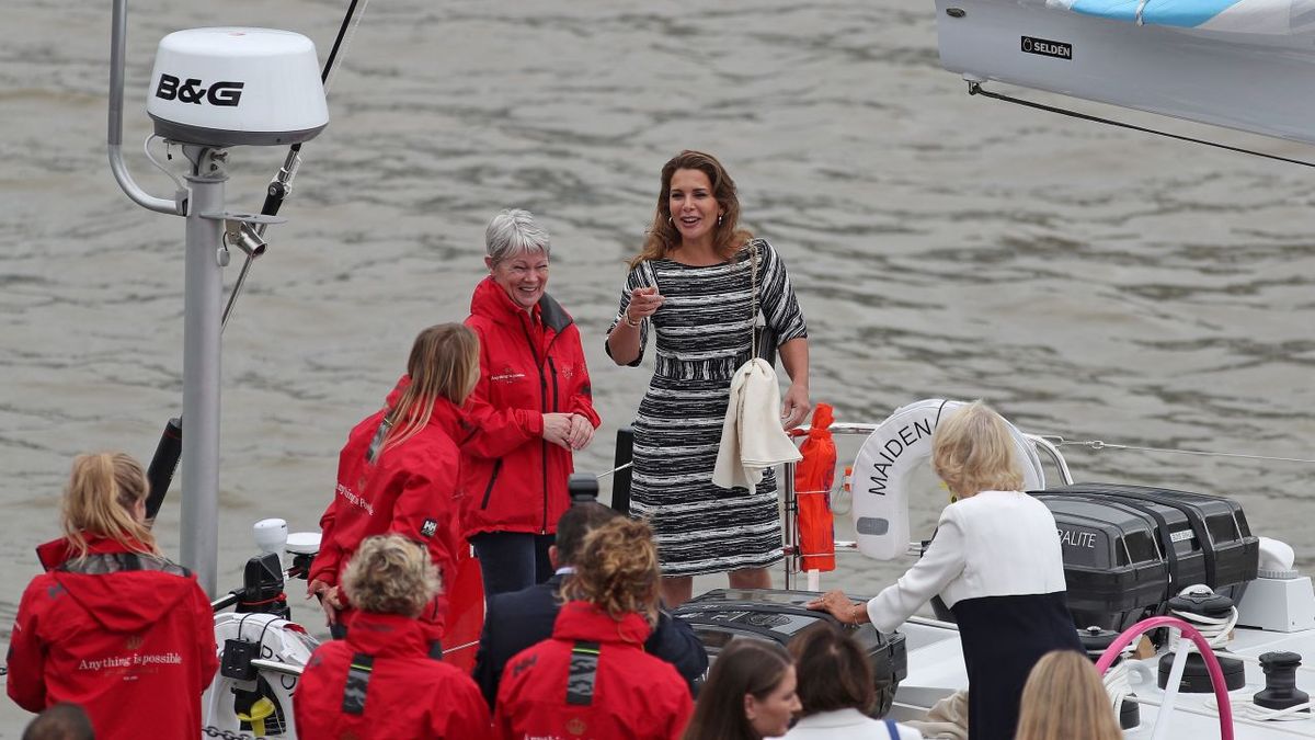How pioneering yacht Maiden overcame 'the real last bastion of male dominance' and empowered women around the world | CNN 2 Jordan's Princess Haya bint al-Hussein (center) meets Edwards (center left) on the newly-refurbished Maiden in London on September 5, 2018.