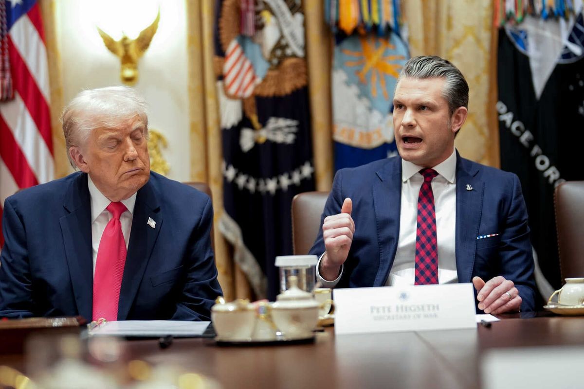 Video: Hegseth Says He Did Not See Survivors in September Boat Strike 1 President Trump seated at a table with his eyes closed and his face angled toward Secretary of Defense Pete Hegseth, who is seated next to him and speaking.