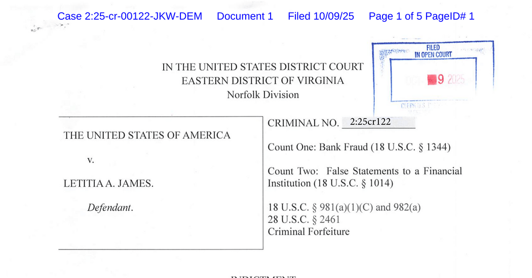 Read the Indictment of Letitia James Read the Indictment of Letitia James