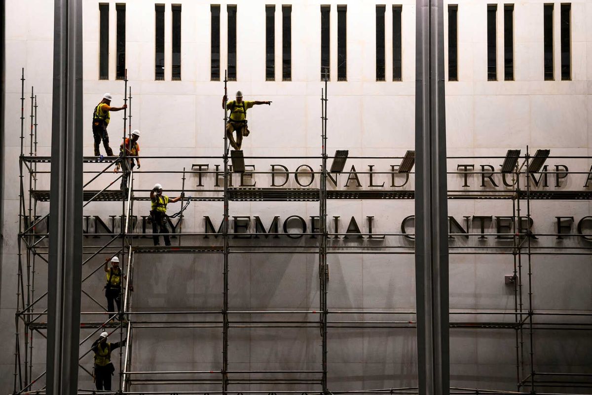 Video: Trump’s Name Is Removed From Kennedy Center Facade 1 Several construction workers climb scaffolding next to the world “Donald J. Trump” on the Kennedy Center’s facade.