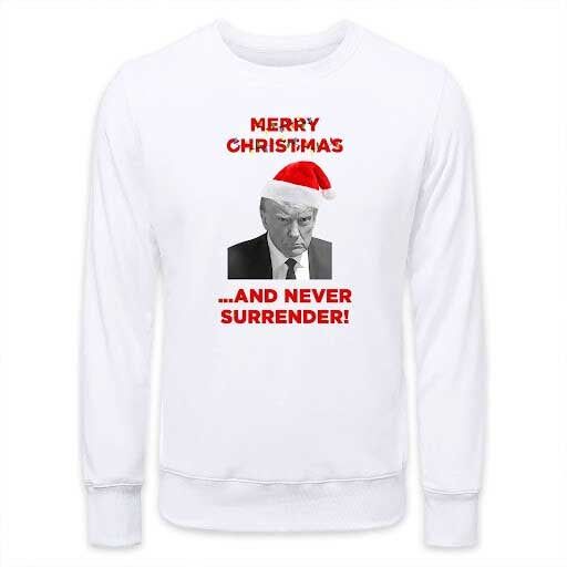 The Contests, Clubs and Big Promises of Trump’s Fund-Raising Emails 17 Promo image of a while long sleeve shirt that includes a Santa Claus hat pasted onto Mr. Trump’s mugshot and text that reads “Merry Christmas… and never surrender!”