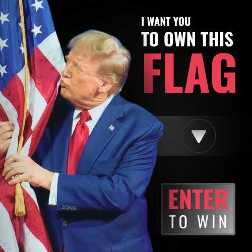The Contests, Clubs and Big Promises of Trump’s Fund-Raising Emails 4 Promo image of Mr. Trump with his arms around an American flag, making a kissing face in its direction. Text reads “I want you to own this flag. Enter to win.”