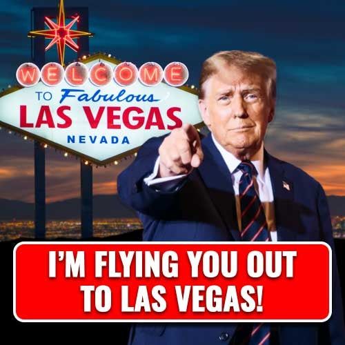 The Contests, Clubs and Big Promises of Trump’s Fund-Raising Emails 2 Promo image of Mr. Trump in front of the “Welcome to Fabulous Las Vegas Nevada” sign with text reading “I’m flying you out to Las Vegas!”
