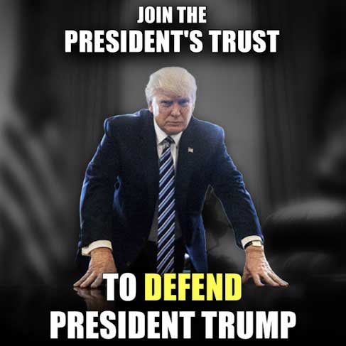 The Contests, Clubs and Big Promises of Trump’s Fund-Raising Emails 7 Promo image of Mr. Trump standing over a desk reads “Join the President's Trust to defend President Trump”