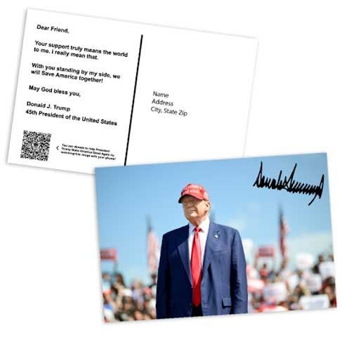The Contests, Clubs and Big Promises of Trump’s Fund-Raising Emails 19 Promo image of a signed postcard with a message from Donald Trump.