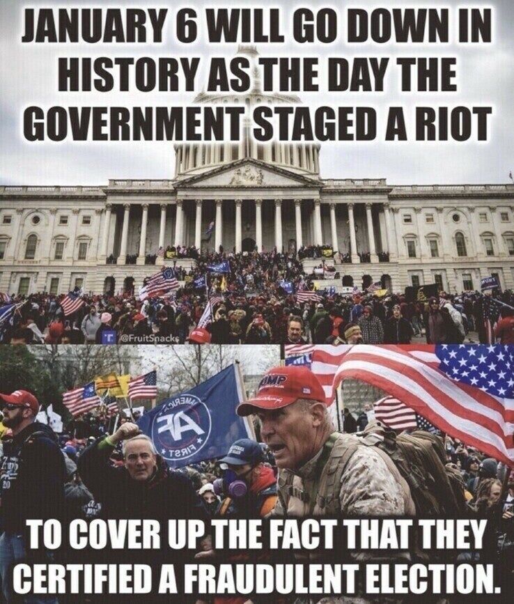 How Trump Is Using Truth Social to Concoct and Spread Conspiracy Theories 2 Times alt text of image in post: A pair of images of Trump supporters at the U.S. Capitol, with superimposed text reading: "JANUARY 6 WILL GO DOWN IN HISTORY AS THE DAY THE GOVERNMENT STAGED A RIOT TO COVER UP THE FACT THAT THEY CERTIFIED A FRAUDULENT ELECTION."