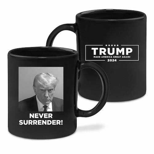 The Contests, Clubs and Big Promises of Trump’s Fund-Raising Emails 16 Promo image of a black mug with Mr. Trump’s mugshot that reads “Never surrender!”