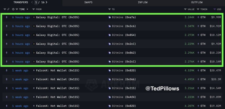 Bitmine Adds Another $65.3M In Ethereum – Details 1 Galagy Digital Ethereum Accumulation | Source: Ted Pillows
